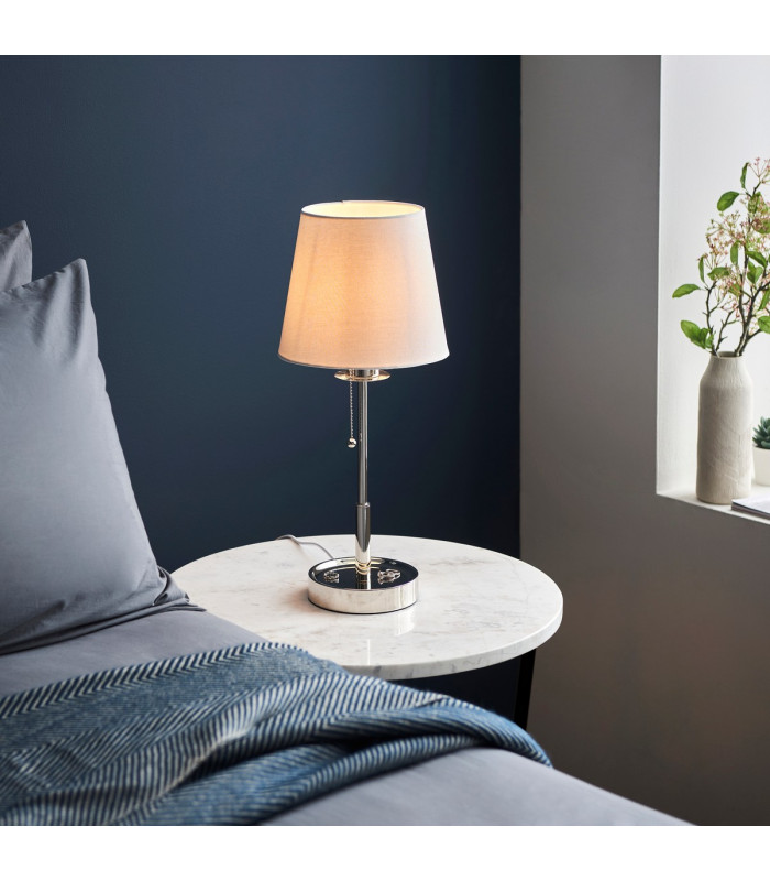 Base & Shade Table Lamp Bright Nickel Plate Vintage White Fabric-3