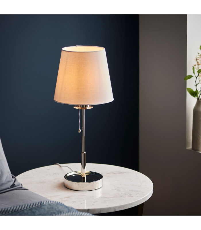 Base & Shade Table Lamp Bright Nickel Plate Vintage White Fabric-4