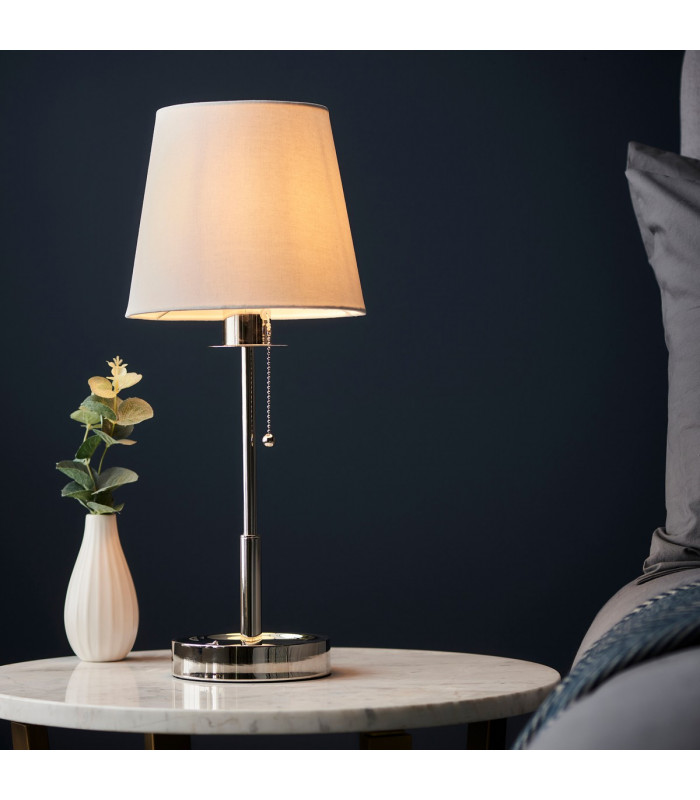 Base & Shade Table Lamp Bright Nickel Plate Vintage White Fabric-5