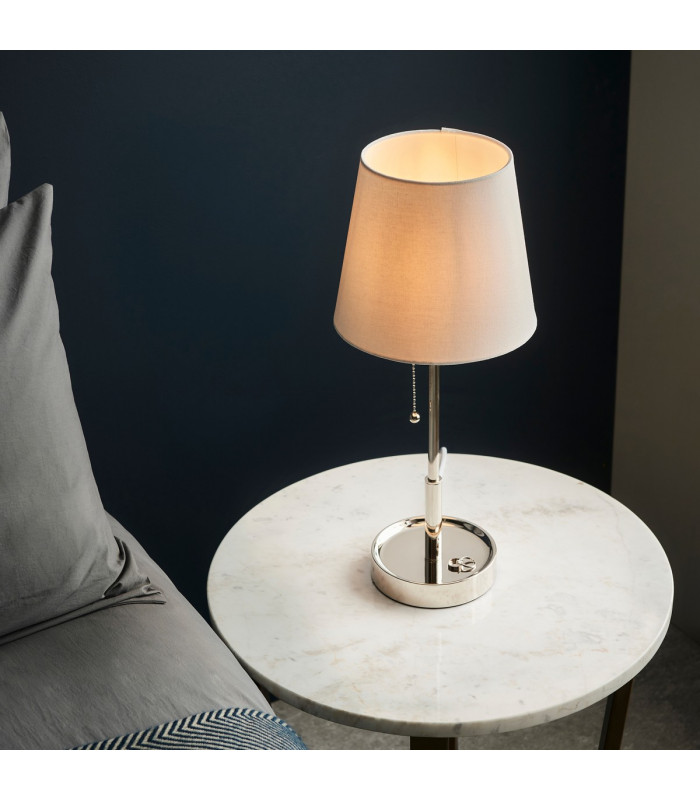 Base & Shade Table Lamp Bright Nickel Plate Vintage White Fabric-6
