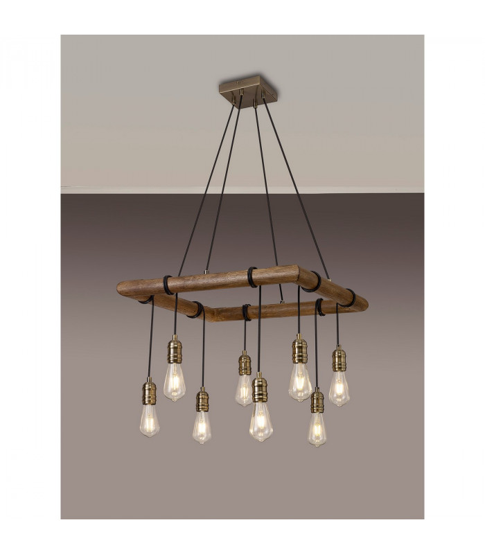 Hampton Square Ceiling Pendant 8 Light E27 Medium Oak Antique Brass-3