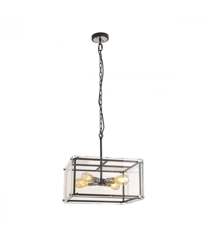 Wayne Ceiling Pendant 4 Light E27 Matt Black Chrome Clear Glass-1