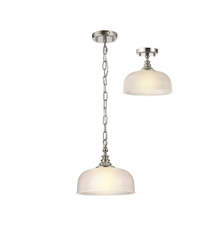 DeRuyter Flush Single Ceiling Pendant Adjustable E27 Polished Nickel Prismatic Glass-1