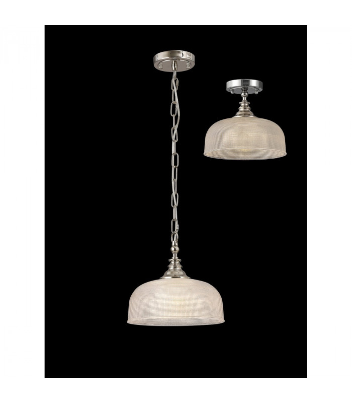 DeRuyter Flush Single Ceiling Pendant Adjustable E27 Polished Nickel Prismatic Glass-3