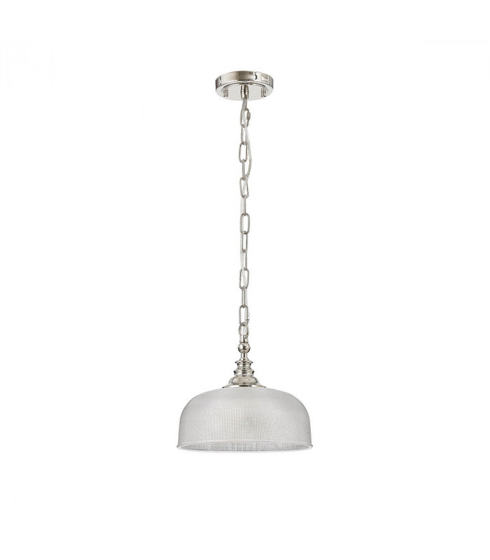 DeRuyter Flush Single Ceiling Pendant Adjustable E27 Polished Nickel Prismatic Glass-4