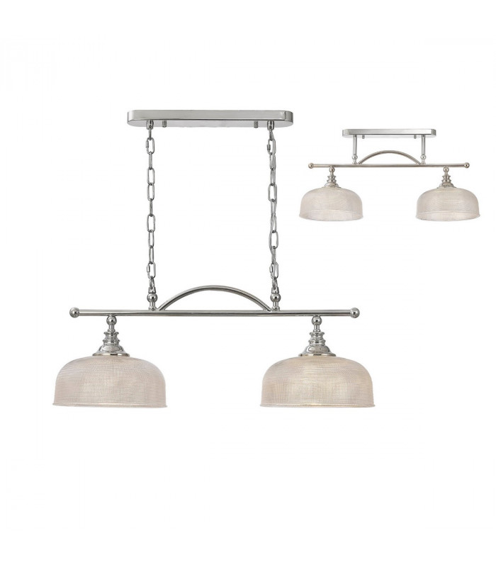 DeRuyter Semi Flush Ceiling Pendant Bar 2 Light Adjustable E27 Polished Nickel Prismatic Glass-1