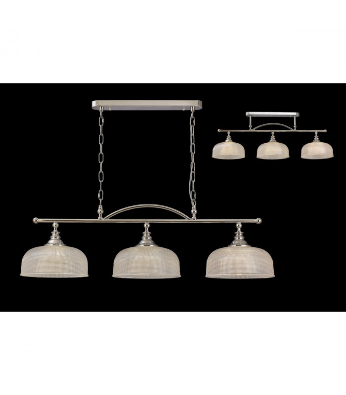 DeRuyter Semi Flush Ceiling Pendant Bar 3 Light Adjustable E27 Polished Nickel Prismatic Glass-3
