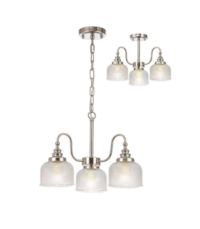 DeRuyter Semi Flush Ceiling Pendant 3 Light E27 Polished Nickel Prismatic Glass-1