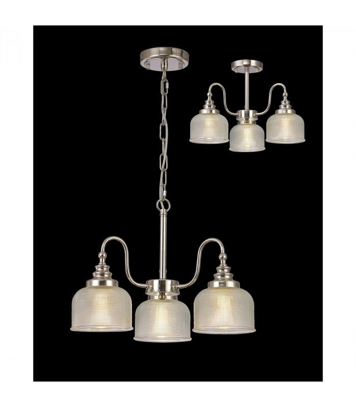 DeRuyter Semi Flush Ceiling Pendant 3 Light E27 Polished Nickel Prismatic Glass-3