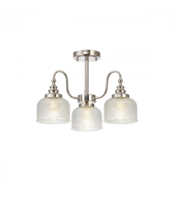 DeRuyter Semi Flush Ceiling Pendant 3 Light E27 Polished Nickel Prismatic Glass-5