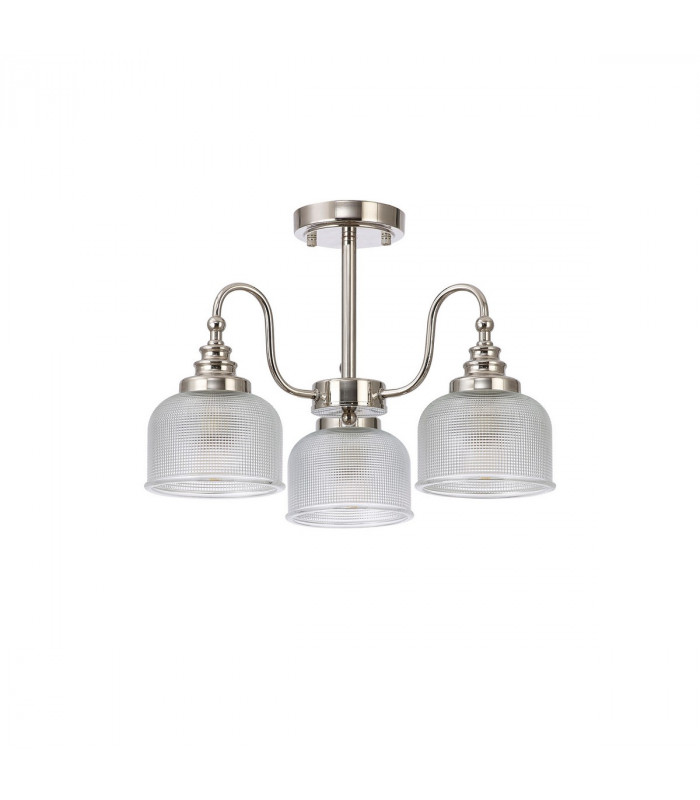 DeRuyter Semi Flush Ceiling Pendant 3 Light E27 Polished Nickel Prismatic Glass-6