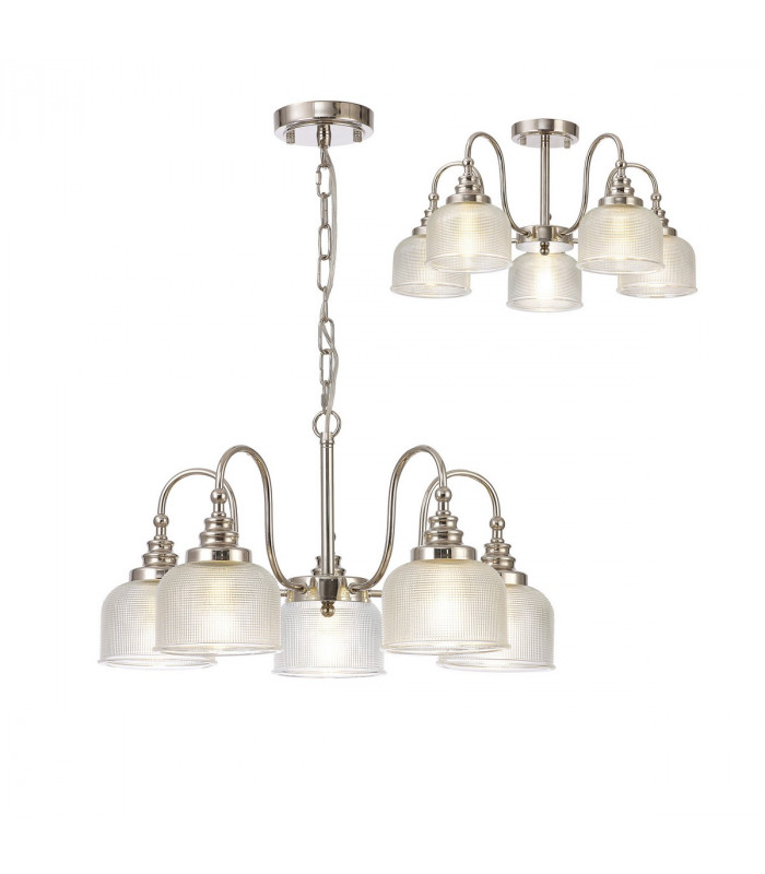 DeRuyter Semi Flush Ceiling Pendant 5 Light E27 Polished Nickel Prismatic Glass-1
