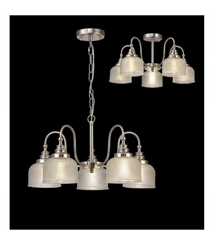 DeRuyter Semi Flush Ceiling Pendant 5 Light E27 Polished Nickel Prismatic Glass-3