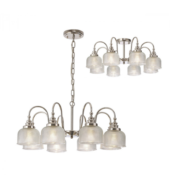 DeRuyter Semi Flush Ceiling Pendant 8 Light E27 Polished Nickel Prismatic Glass-1