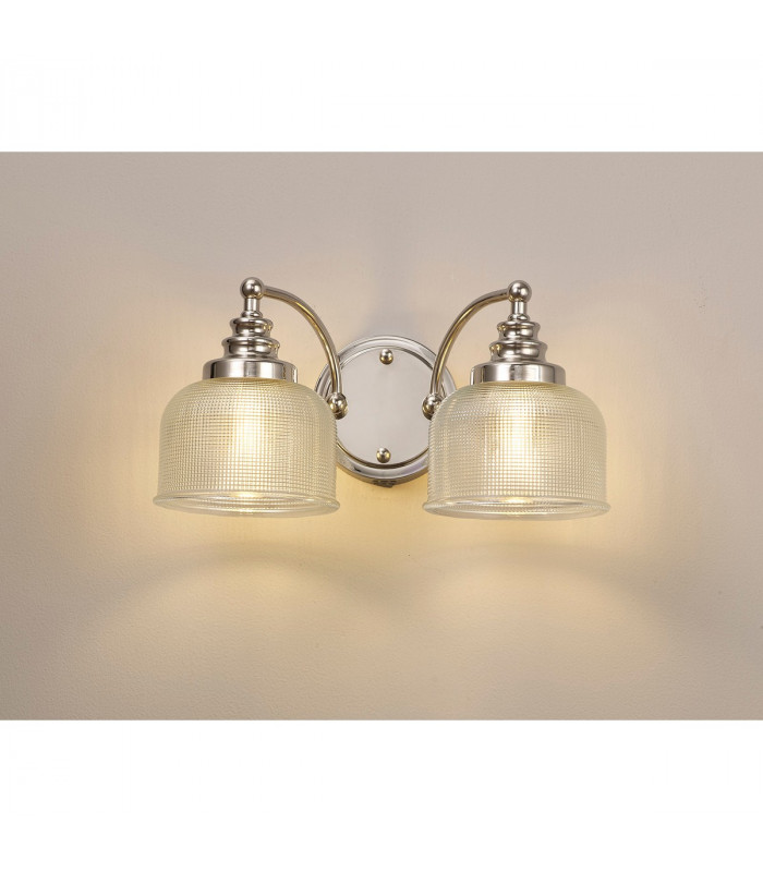 DeRuyter Switched Wall Lamp 2 Light E27 Polished Nickel Prismatic Glass-9