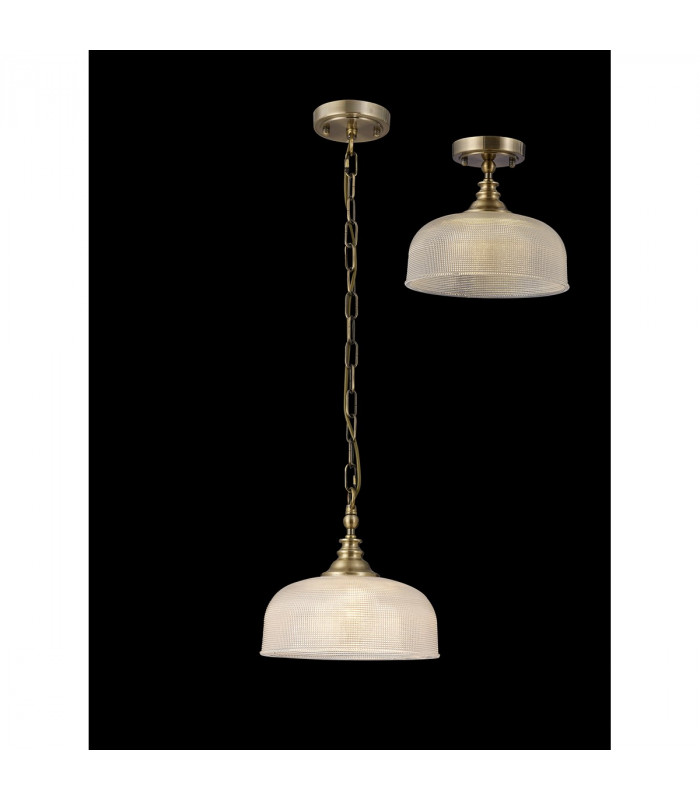 DeRuyter Flush Single Ceiling Pendant Adjustable E27 Antique Brass Prismatic Glass-3