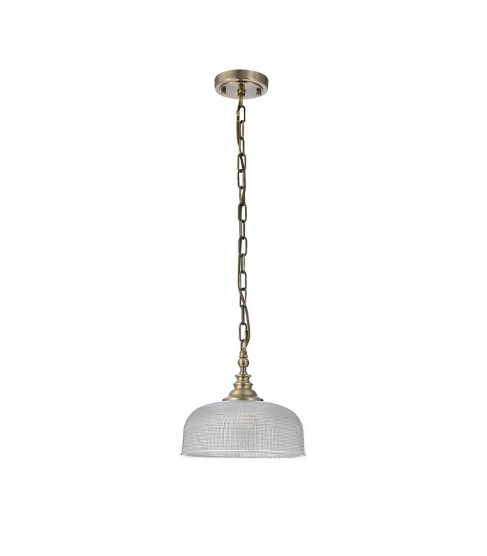 DeRuyter Flush Single Ceiling Pendant Adjustable E27 Antique Brass Prismatic Glass-4