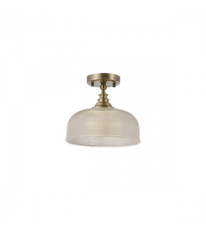DeRuyter Flush Single Ceiling Pendant Adjustable E27 Antique Brass Prismatic Glass-5