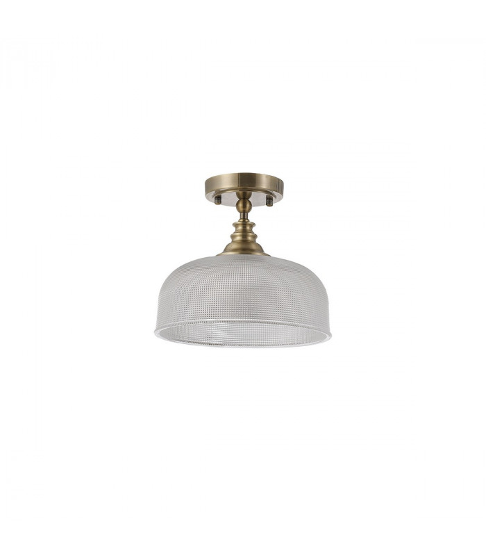 DeRuyter Flush Single Ceiling Pendant Adjustable E27 Antique Brass Prismatic Glass-6