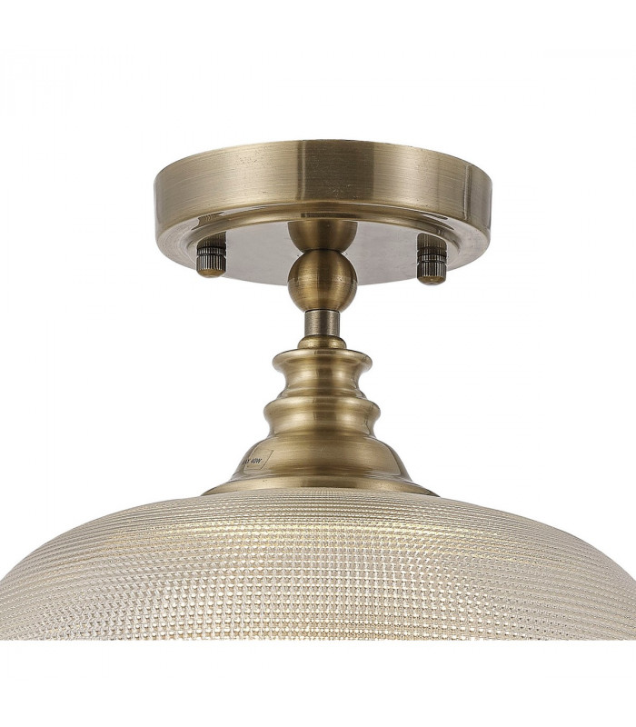 DeRuyter Flush Single Ceiling Pendant Adjustable E27 Antique Brass Prismatic Glass-10