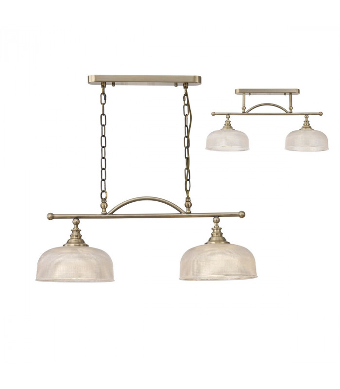 DeRuyter Semi Flush Ceiling Pendant Bar 2 Light Adjustable E27 Antique Brass Prismatic Glass-1