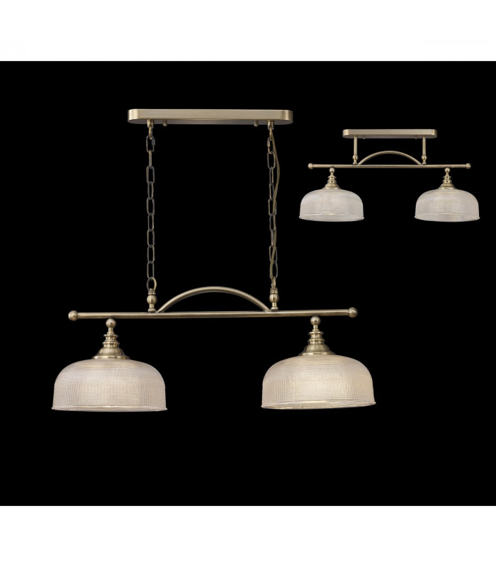 DeRuyter Semi Flush Ceiling Pendant Bar 2 Light Adjustable E27 Antique Brass Prismatic Glass-3