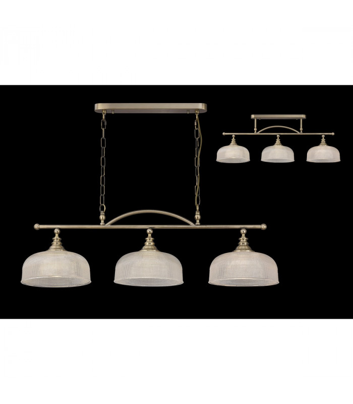 DeRuyter Semi Flush Ceiling Pendant Bar 3 Light Adjustable E27 Antique Brass Prismatic Glass-3