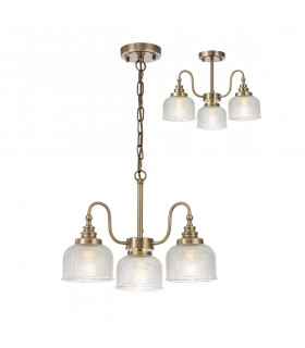 DeRuyter Semi Flush Ceiling Pendant 3 Light E27 Antique Brass Prismatic Glass-1