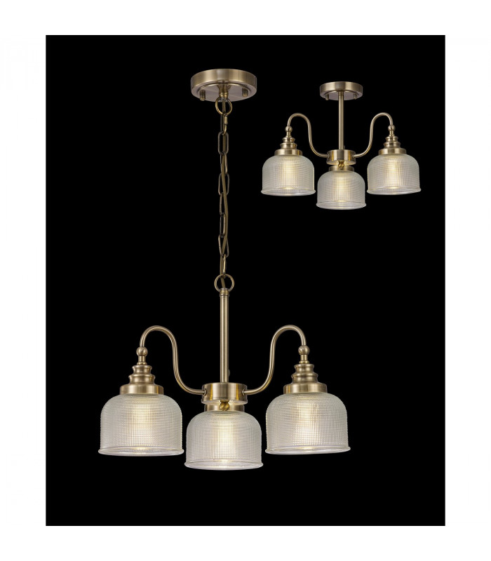 DeRuyter Semi Flush Ceiling Pendant 3 Light E27 Antique Brass Prismatic Glass-3