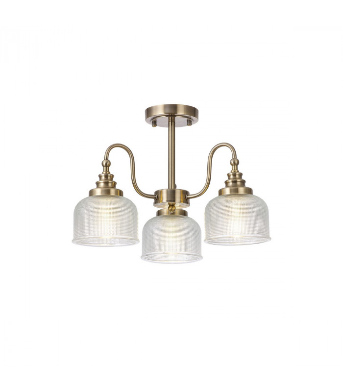 DeRuyter Semi Flush Ceiling Pendant 3 Light E27 Antique Brass Prismatic Glass-5