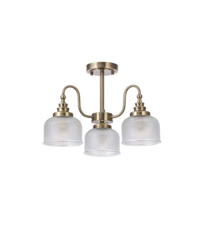DeRuyter Semi Flush Ceiling Pendant 3 Light E27 Antique Brass Prismatic Glass-6