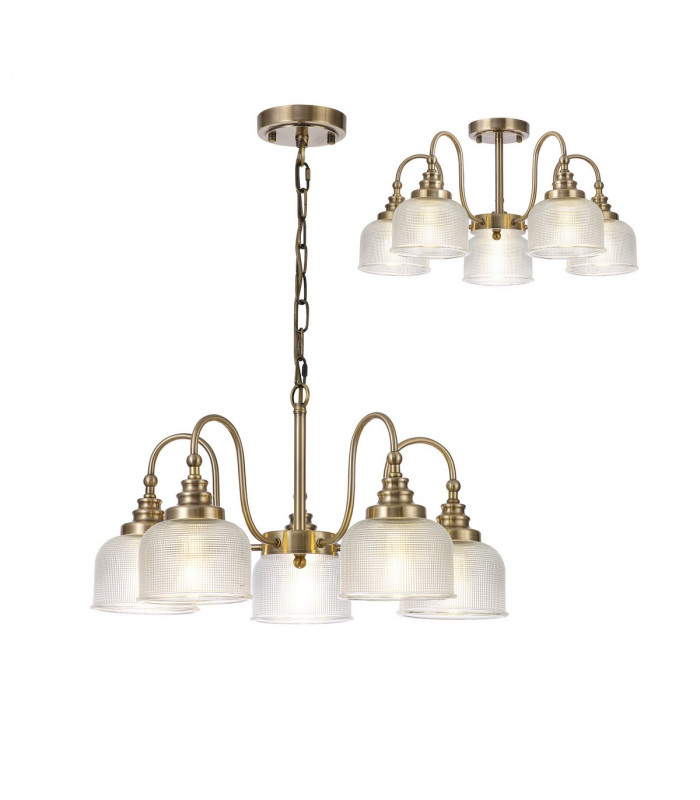 DeRuyter Semi Flush Ceiling Pendant 5 Light E27 Antique Brass Prismatic Glass-1