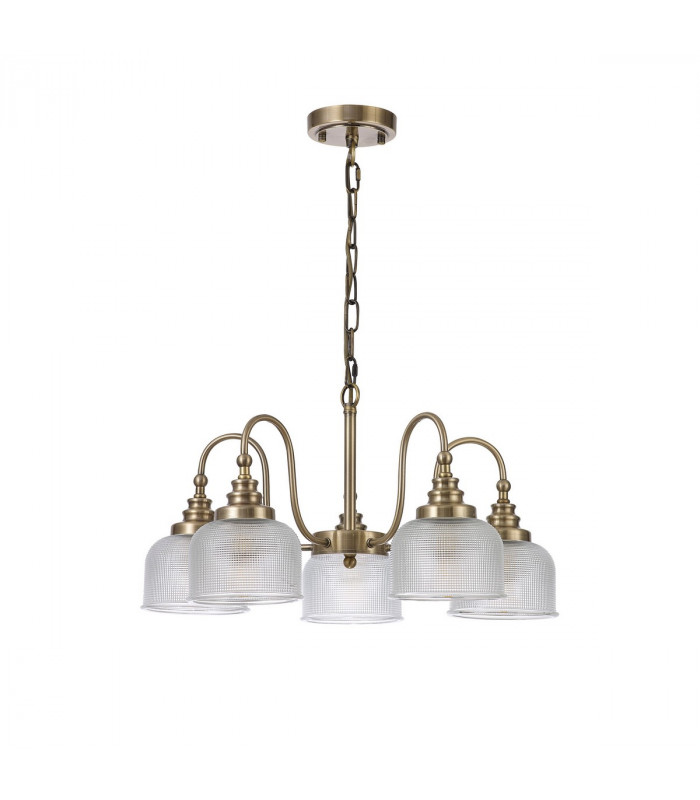 DeRuyter Semi Flush Ceiling Pendant 5 Light E27 Antique Brass Prismatic Glass-4