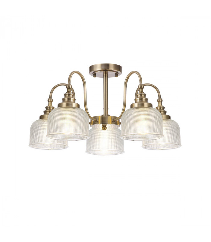 DeRuyter Semi Flush Ceiling Pendant 5 Light E27 Antique Brass Prismatic Glass-5