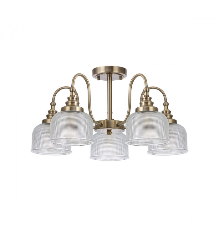 DeRuyter Semi Flush Ceiling Pendant 5 Light E27 Antique Brass Prismatic Glass-6
