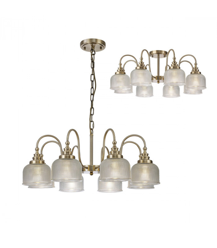 DeRuyter Semi Flush Ceiling Pendant 8 Light E27 Antique Brass Prismatic Glass-1