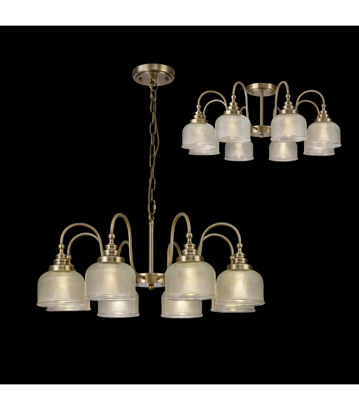 DeRuyter Semi Flush Ceiling Pendant 8 Light E27 Antique Brass Prismatic Glass-3