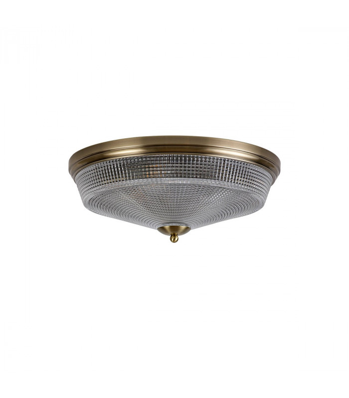 DeRuyter 3 Light E27 Flush Ceiling Lamp Antique Brass Prismatic Glass-4