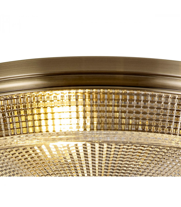 DeRuyter 3 Light E27 Flush Ceiling Lamp Antique Brass Prismatic Glass-6