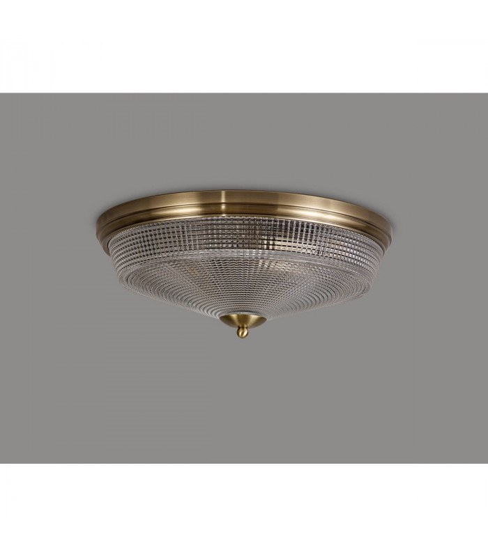 DeRuyter 3 Light E27 Flush Ceiling Lamp Antique Brass Prismatic Glass-8