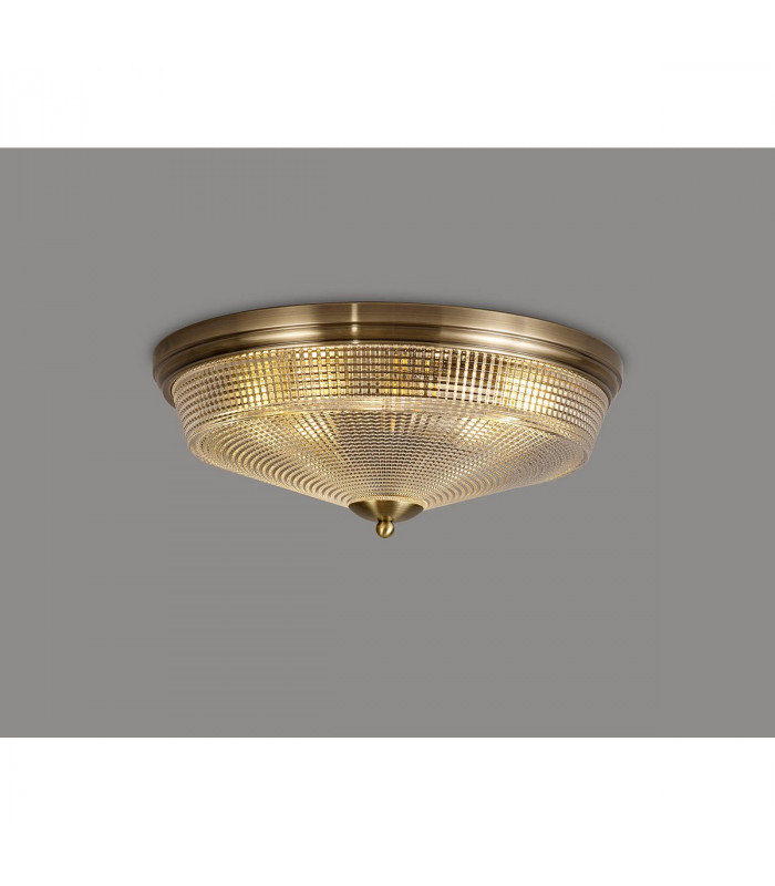 DeRuyter 3 Light E27 Flush Ceiling Lamp Antique Brass Prismatic Glass-9