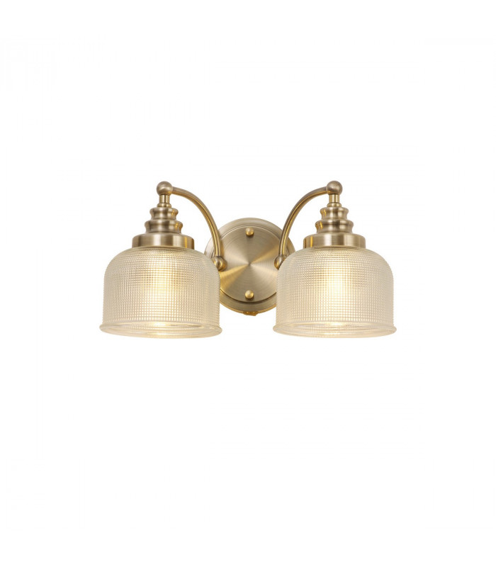 DeRuyter Switched Wall Lamp 2 Light E27 Antique Brass Prismatic Glass-1