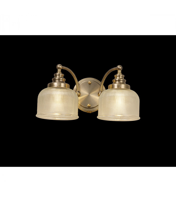 DeRuyter Switched Wall Lamp 2 Light E27 Antique Brass Prismatic Glass-3