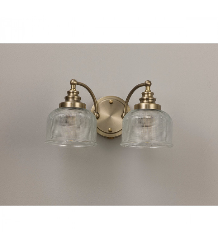 DeRuyter Switched Wall Lamp 2 Light E27 Antique Brass Prismatic Glass-8