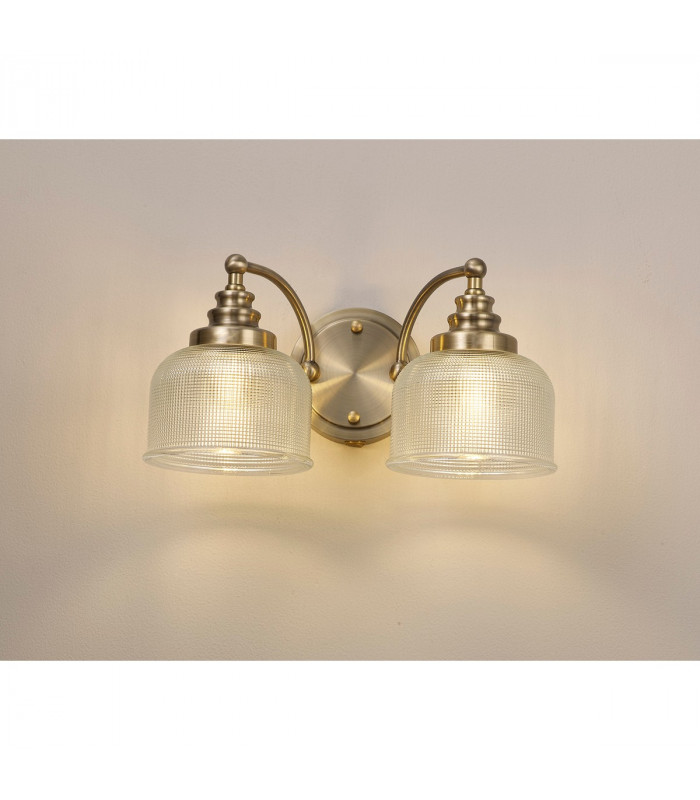 DeRuyter Switched Wall Lamp 2 Light E27 Antique Brass Prismatic Glass-9
