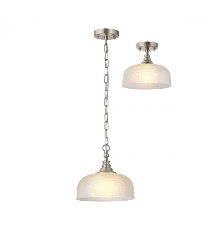 DeRuyter Flush Single Ceiling Pendant Adjustable E27 Satin Nickel Frosted Glass-1