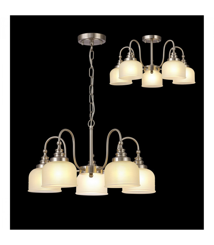 DeRuyter Semi Flush Ceiling Pendant 5 Light E27 Satin Nickel Frosted Glass-3