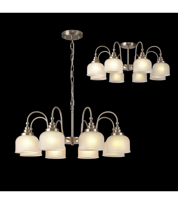 DeRuyter Semi Flush Ceiling Pendant 8 Light E27 Satin Nickel Frosted Glass-3