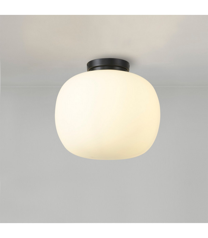 Cheektowaga Medium Oval Ball Flush Fitting E27 Matt Black Base With Frosted White Glass Globe-3
