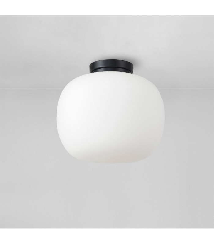 Cheektowaga Medium Oval Ball Flush Fitting E27 Matt Black Base With Frosted White Glass Globe-7